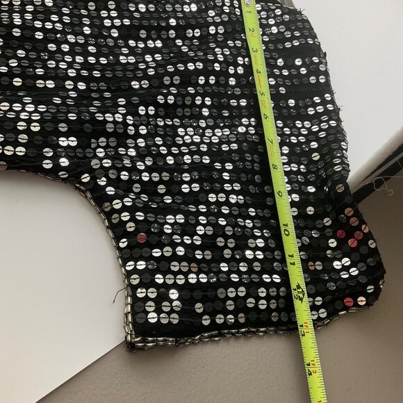 VTG Sequins Queen Medium Silk Beaded Top Black Silver Sequin Floral Embellished* - Picture 12 of 13